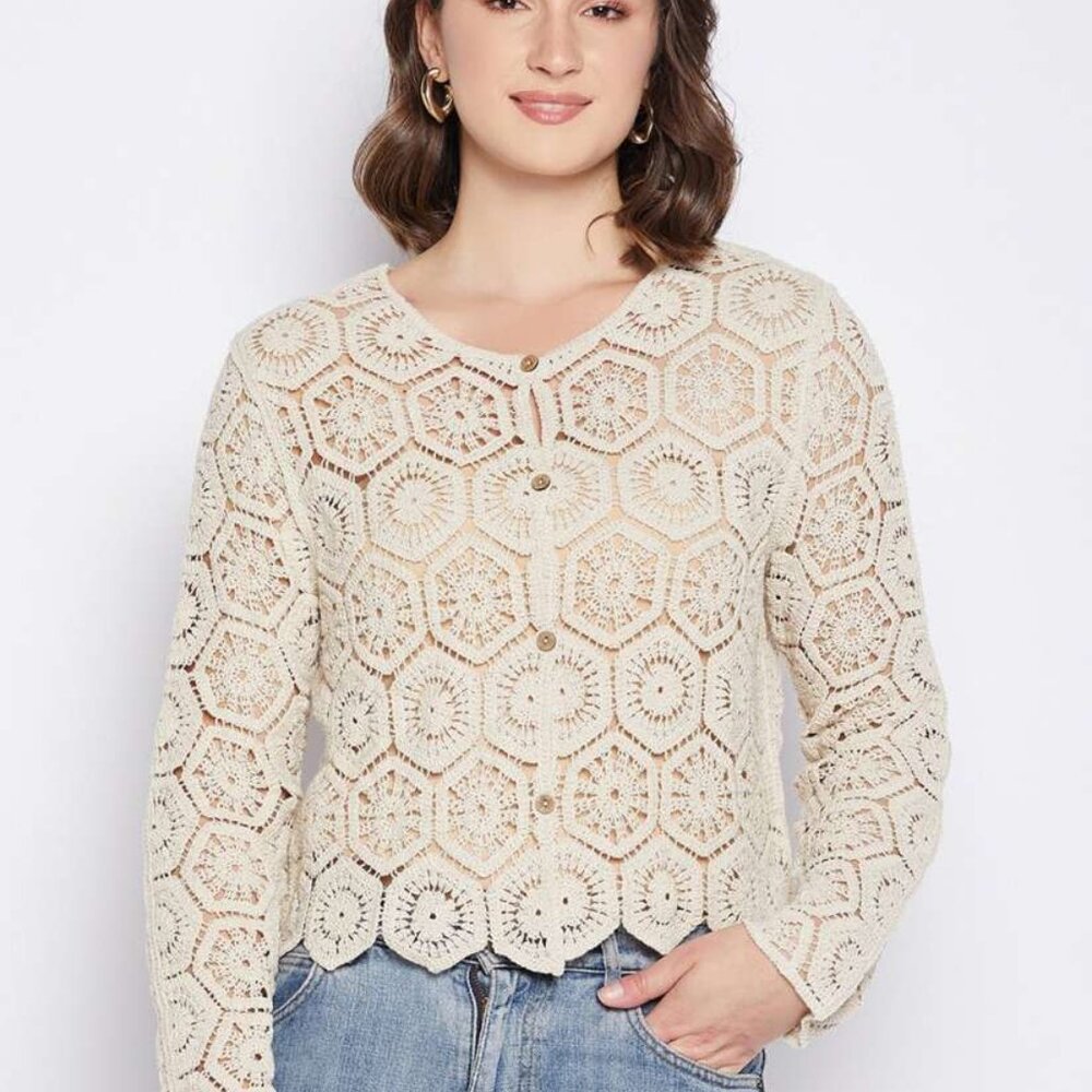 Rebellion Crocheted Cardigan Women's M Cropped Sweater Cream  NEW - Picture 11 of 13